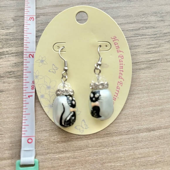Hand Painted Black Cat Dangle Earrings Rhinestone Crystal - Picture 3 of 5